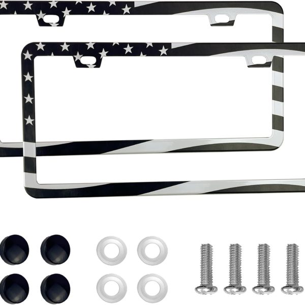 2PCS Premium American Flag License Plate Frame, Black License Plate Frames, 2 Holes Solid Stainless Steel License Plate Holder, Universal Car License Plate Frame for USA Flag,