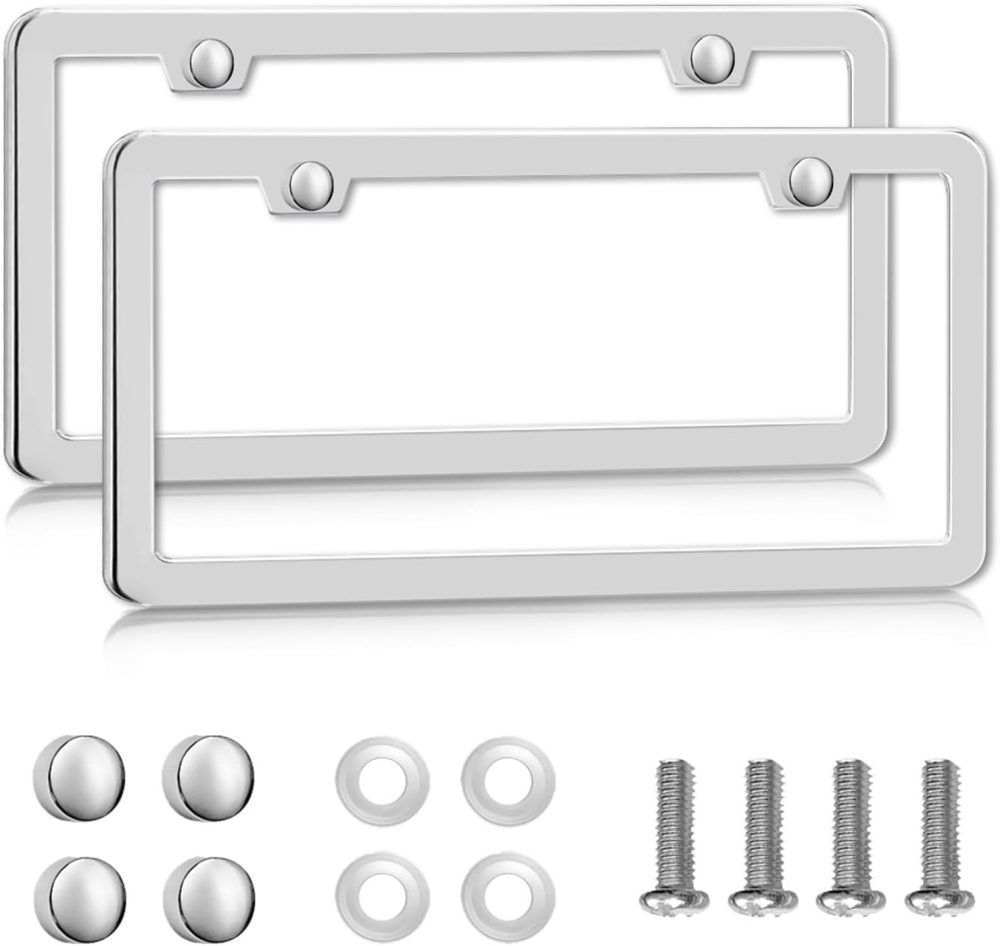 Solid Silver License Plate Frames 2 Pack, 2 Holes Rust-Proof License Plate Holder, Universal Car Stainless Steel License Plate Frame for Women & Man (Screws & Chrome Caps)