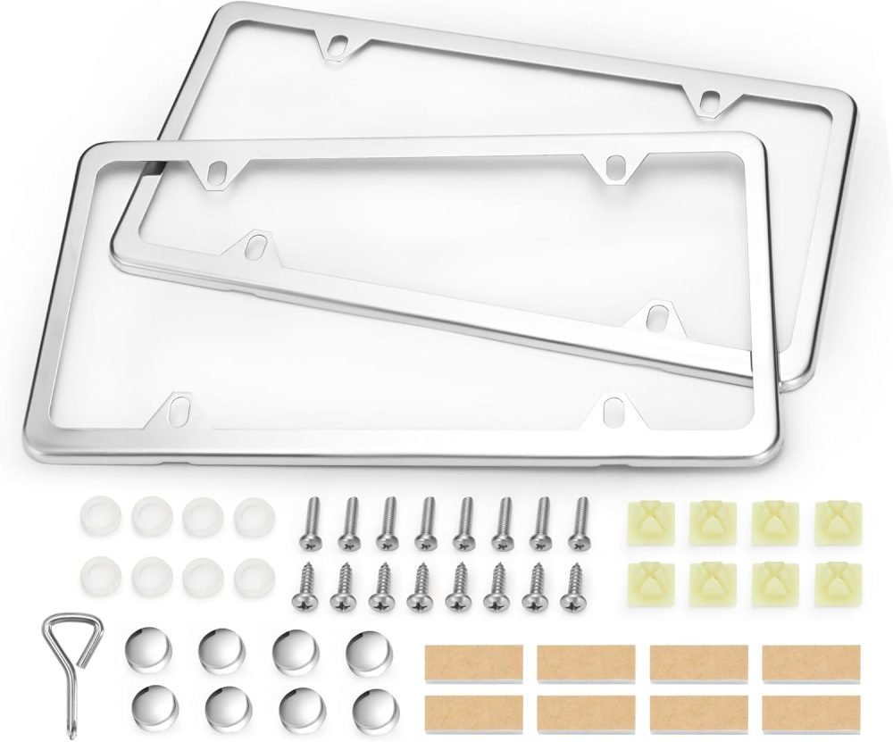 License Plate Frames, 2 Pcs 4 Holes Slim Stainless Steel Polish Mirror License Plate Frame + Chrome Screw Caps (Silver)
