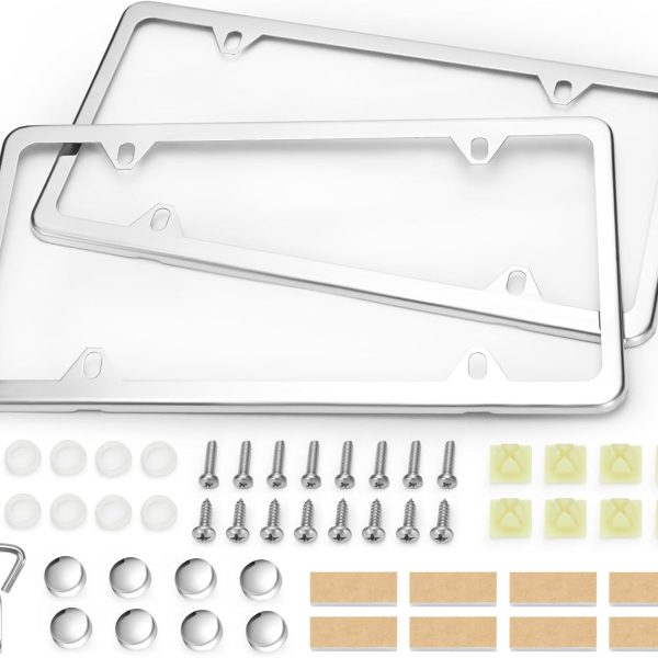License Plate Frames, 2 Pcs 4 Holes Slim Stainless Steel Polish Mirror License Plate Frame + Chrome Screw Caps (Silver)