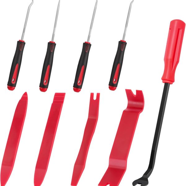 Auto Trim Removal Tool Set Pry Tool Kit, Door Panel Removal Tool, Fasteners Remover,Automotive Hook Set, Car Auto Oil Seal/O-Ring Seal Gasket Mini Precision Hooks - 9pcs Red
