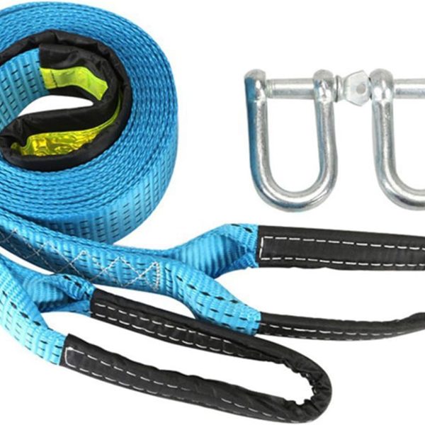 Heavy Duty Tow Strap with Safety Metal Hooks 5M, 8T Strong Break strengthened Blue Nylon Shackle Towing Rope for for Vehicle Recovery in Roadside Emergency