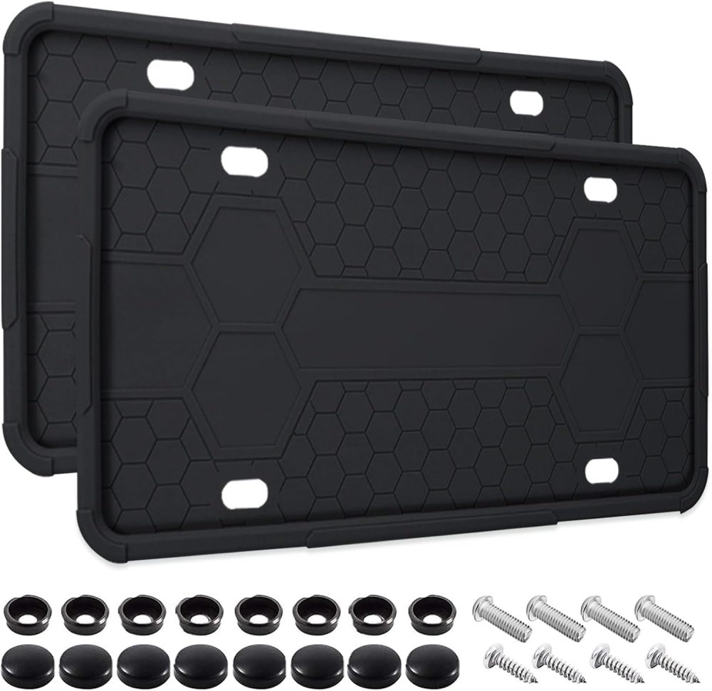 2 Pack Silicone License Plate Frames Black, Car Plate Frame Holder, Universal US Front & Rear Truck Frame Protector Mounting Kit Accessories, Rust Proof, Rattle Proof, Weather Proof (Black)