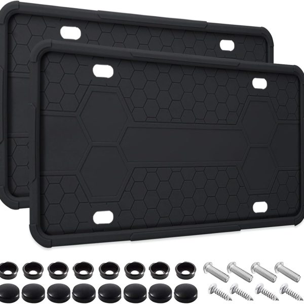 2 Pack Silicone License Plate Frames Black, Car Plate Frame Holder, Universal US Front & Rear Truck Frame Protector Mounting Kit Accessories, Rust Proof, Rattle Proof, Weather Proof (Black)