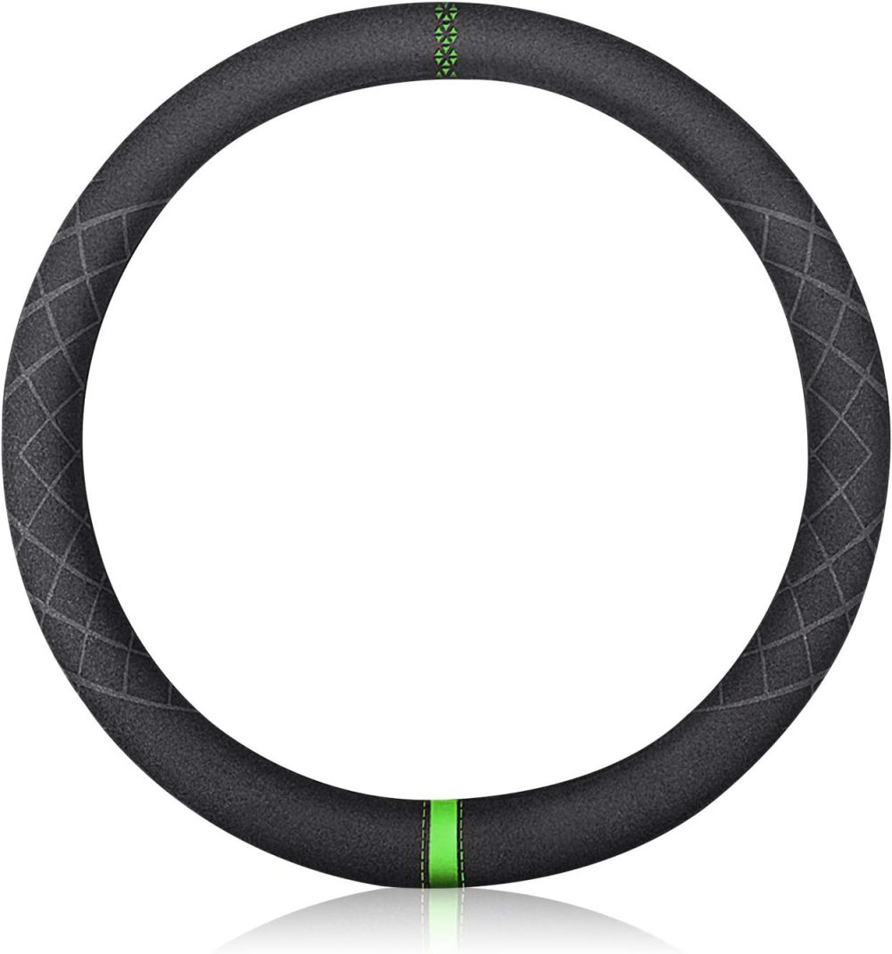 Sport Microfiber Suede Velvet Car Steering Wheel Cover Non-Slip Car Steering Wheel Protector Winter Warm Universal for Diameter 38cm(15") (Black Green)