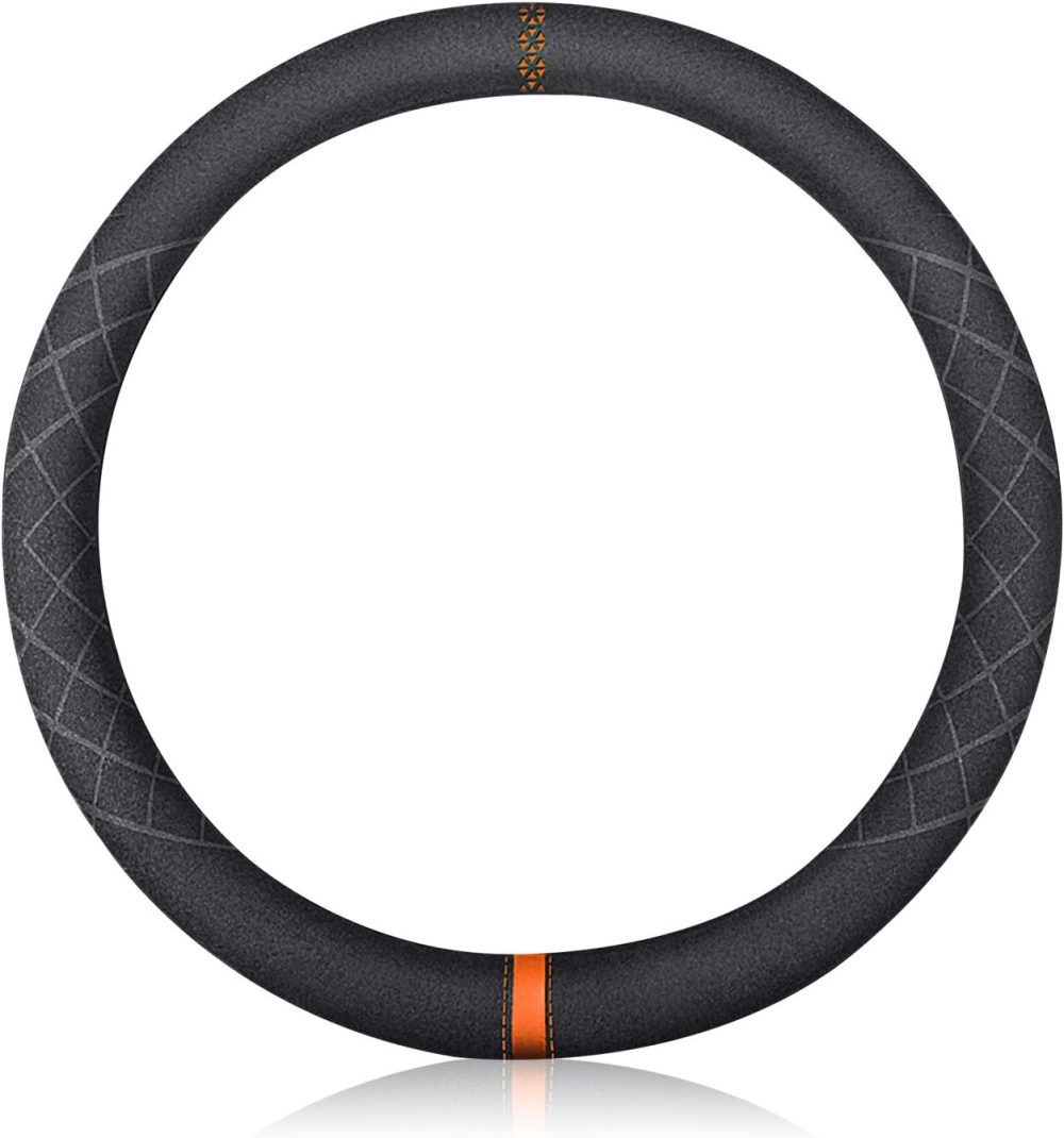 Sport Microfiber Suede Velvet Car Steering Wheel Cover Non-Slip Car Steering Wheel Protector Winter Warm Universal for Diameter 38cm(15") (Black Brown)