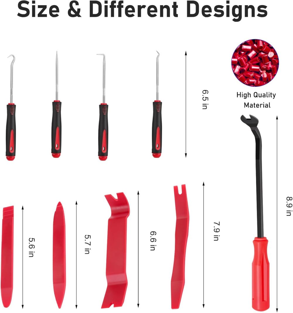 Auto Trim Removal Tool Set Pry Tool Kit, Door Panel Removal Tool, Fasteners Remover,Automotive Hook Set, Car Auto Oil Seal/O-Ring Seal Gasket Mini Precision Hooks - 9pcs Red - Image 2