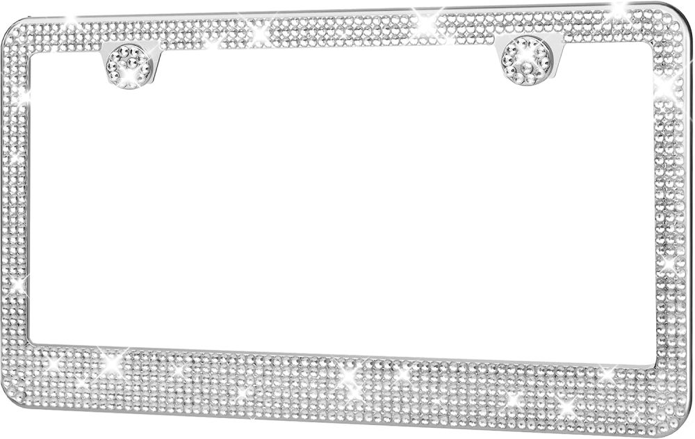 License Plate Frame - Lastingly Bling and Sparkly License Plate Frame for Women, Stainless Steel & Obstruction-Free Frame with Multifaceted Rhinestones,White, 1 Pack