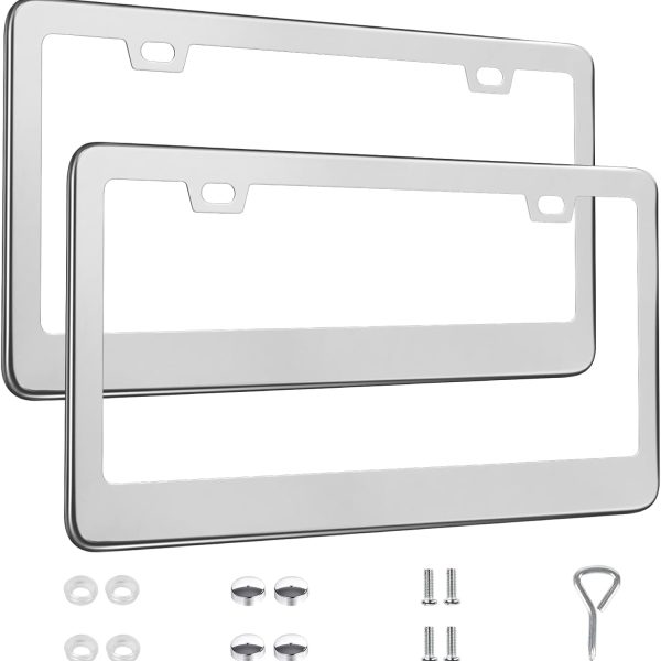 2 Pack License Plate Frames, Stainless Steel Car License Plate Cover Car Accessories with Screw Caps (Silver)
