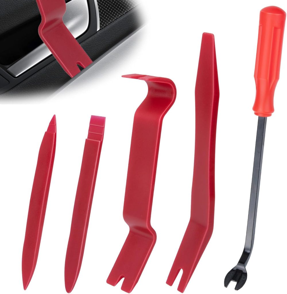 5PCS Auto Trim Removal Tool kit, Car Clip Pry Tools Kit No Scratch Plastic, Car Door Panel Rivet Pliers Tool Kit, Automotive Interior Fastener Puller Remover Body Repair Set for Car (Red)