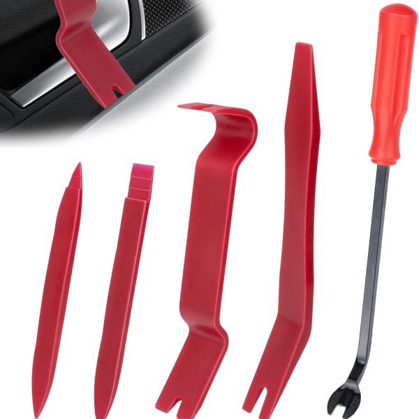 5PCS Auto Trim Removal Tool kit, Car Clip Pry Tools Kit No Scratch Plastic, Car Door Panel Rivet Pliers Tool Kit, Automotive Interior Fastener Puller Remover Body Repair Set for Car (Red)