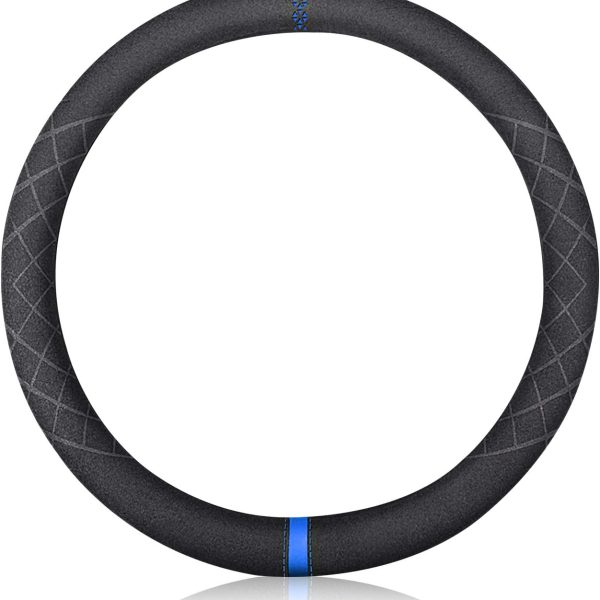Sport Microfiber Suede Velvet Car Steering Wheel Cover Non-Slip Car Steering Wheel Protector Winter Warm Universal for Diameter 38cm(15") (Black Blue)