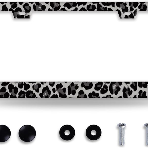 Black Gray Leopard Print License Plate Frame Beautiful Cheetah Print License Plate Holder Funny Stainless Steel Accessories Cars Decor with 2 Holes and Screws Fits Standard Us Ca Vehicles 12.2 X 6 in