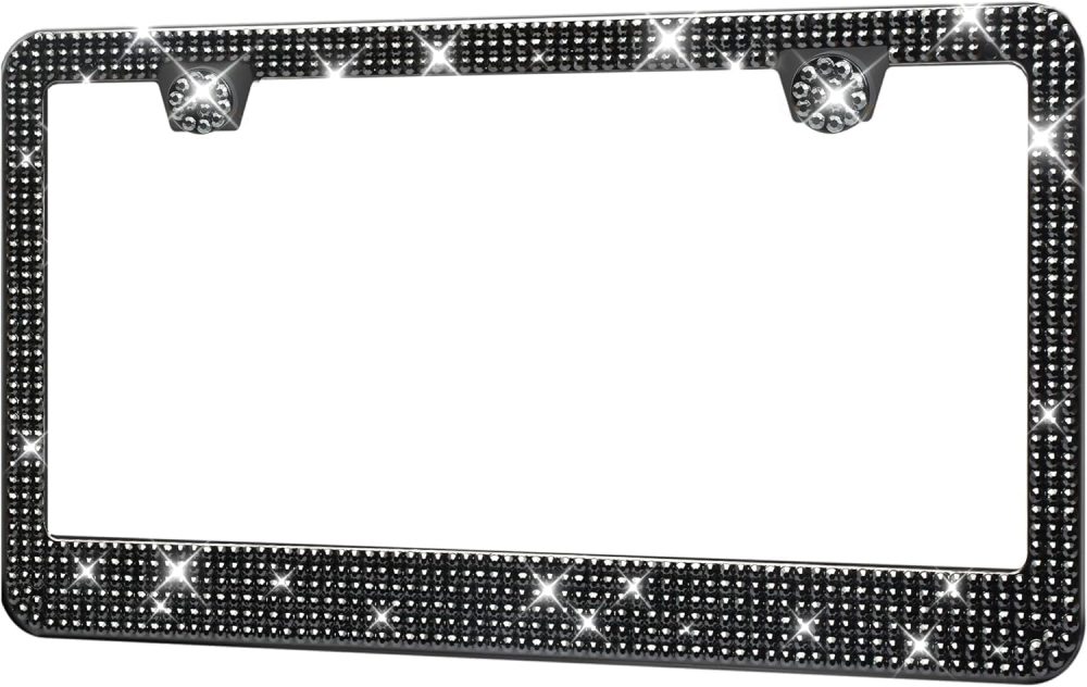 License Plate Frame - Lastingly Bling and Sparkly License Plate Frame for Women, Stainless Steel & Obstruction-Free Frame with Multifaceted Rhinestones,Black, 1 Pack