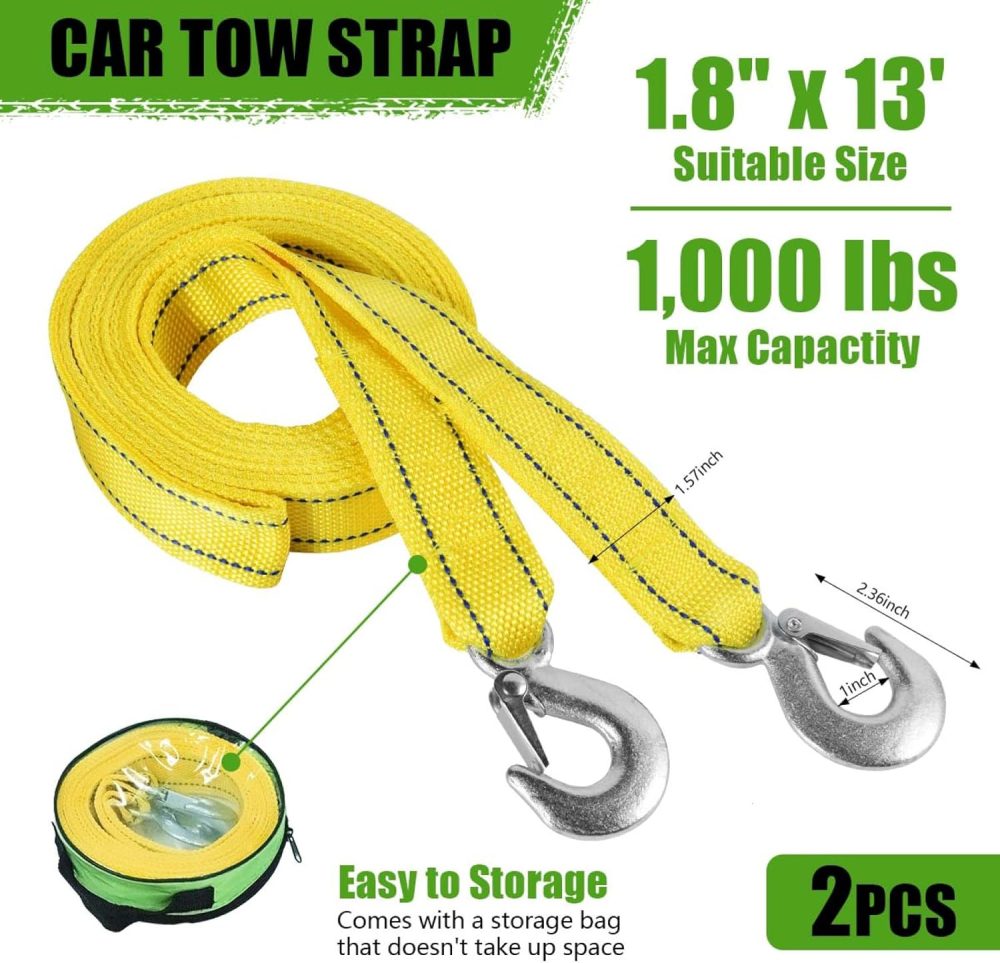 2 Pack Tow Straps Rope Heavy Duty with Hooks for Vehicle Emergency Recovery (13'x1.8 Max 10,000lbs Break Strength) - Image 2