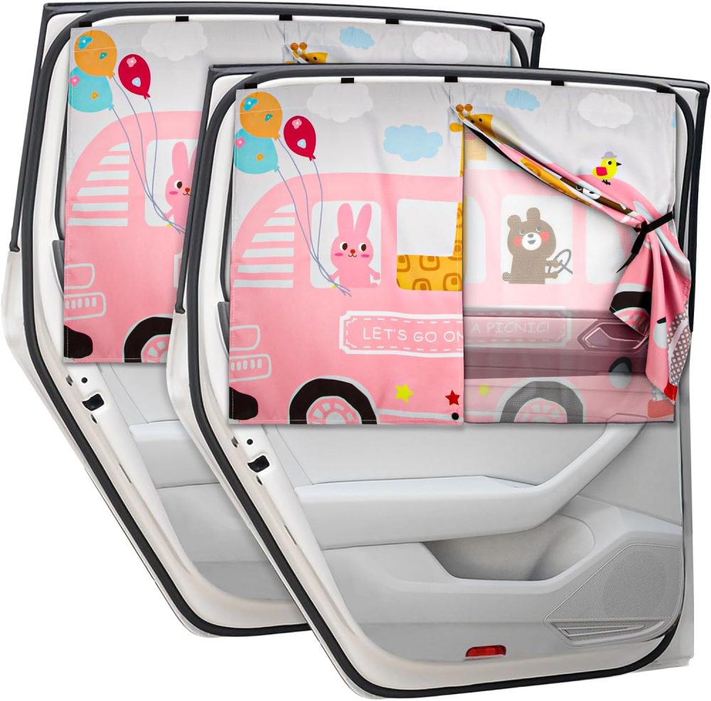 Car Window Shades, 2pcs Magnetic Car Curtains for Side Windows Privacy Full Covers/Half Shade Options, Cute Cartoon Auto Sunshades for Baby Protection Pink