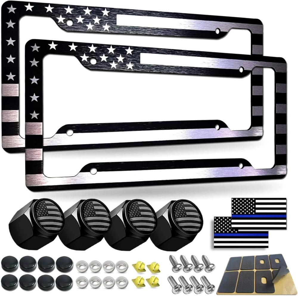 Black American Flag License Plate Frames- 2 Pack Front Rear Patriotic USA Stars and Stripes Aluminum Car Tag Holder with Screws