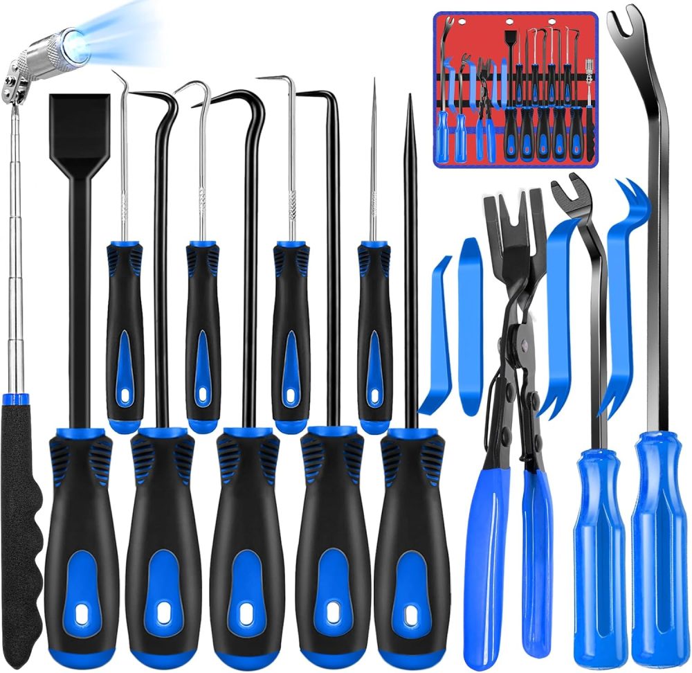 17 Pcs Hook and Pick Set Auto Trim Removal Tool Kit,Clip Plier Remover Tool Gasket Scraper Telescoping Magnetic Pickup Tool for Automotive Repair and Car Body Door Panel Fastener Removal