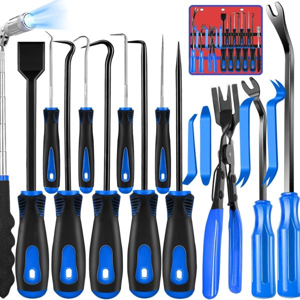 17 Pcs Hook and Pick Set Auto Trim Removal Tool Kit,Clip Plier Remover Tool Gasket Scraper Telescoping Magnetic Pickup Tool for Automotive Repair and Car Body Door Panel Fastener Removal
