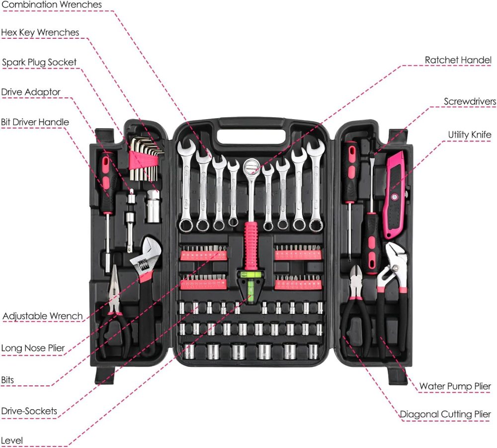95 Piece Tool Set, Tool Kit, Mechanics Tool Set, Portable Toolbox with Adjustable Wrench Pliers Socket Bits, with Plastic Toolbox Storage Case, for House Apartment Garage (Pink) - Image 2
