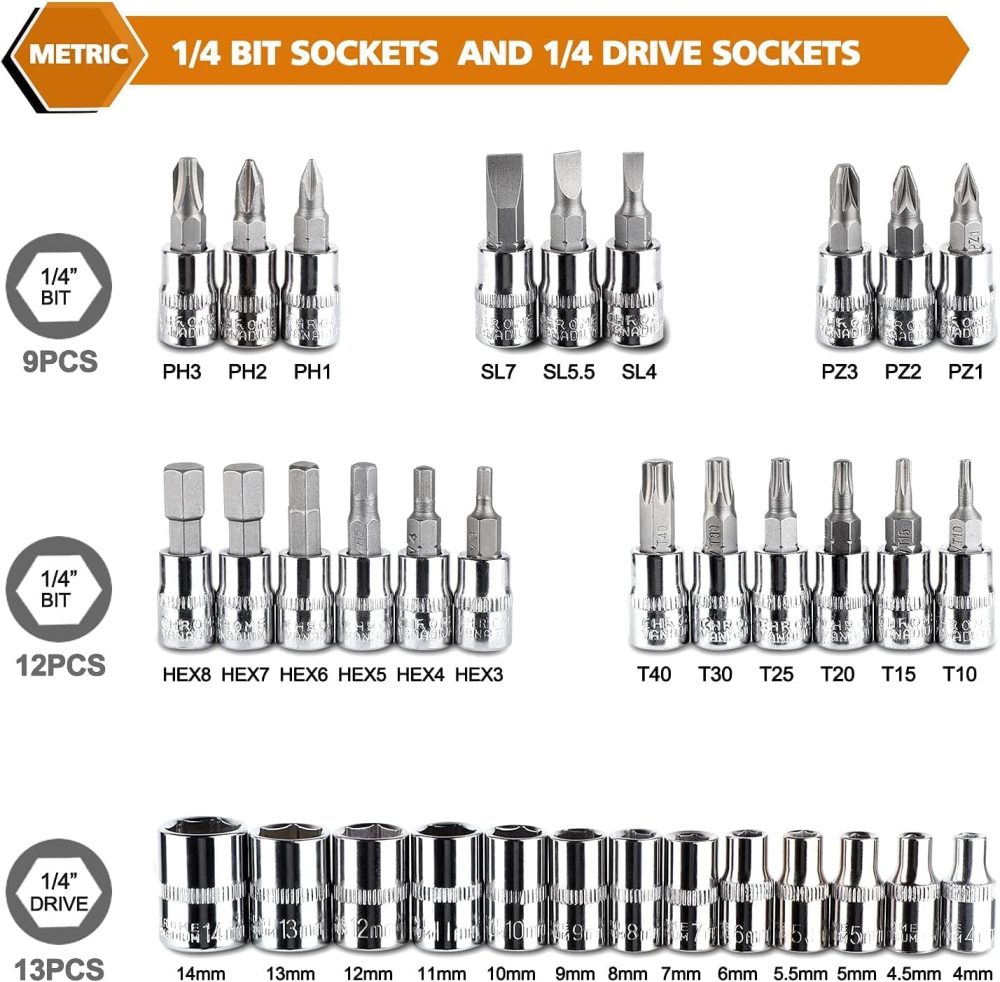 46 Pieces 1/4 inch Drive Socket Ratchet Wrench Set, with Bit Socket Set Metric and Extension Bar for Auto Repairing and Household, with Storage Case - Image 2
