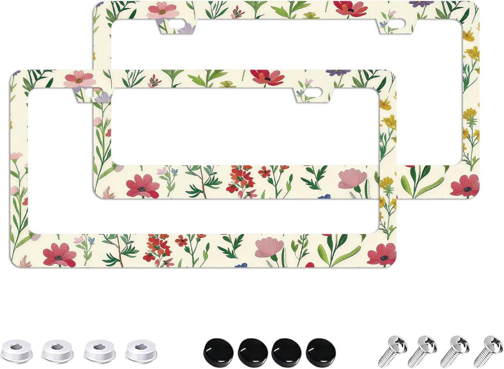 Colorful Wildflowers License Plate Frames - 2 Pack 2 Holes Stainless Steel Metal Auto Car Accessories Decoration License Plate Frame Cover 12.2" x 6.3" for Women Men