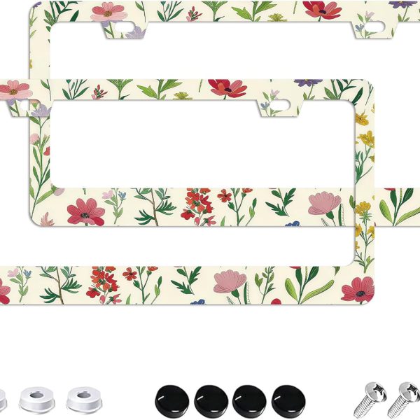 Colorful Wildflowers License Plate Frames - 2 Pack 2 Holes Stainless Steel Metal Auto Car Accessories Decoration License Plate Frame Cover 12.2" x 6.3" for Women Men
