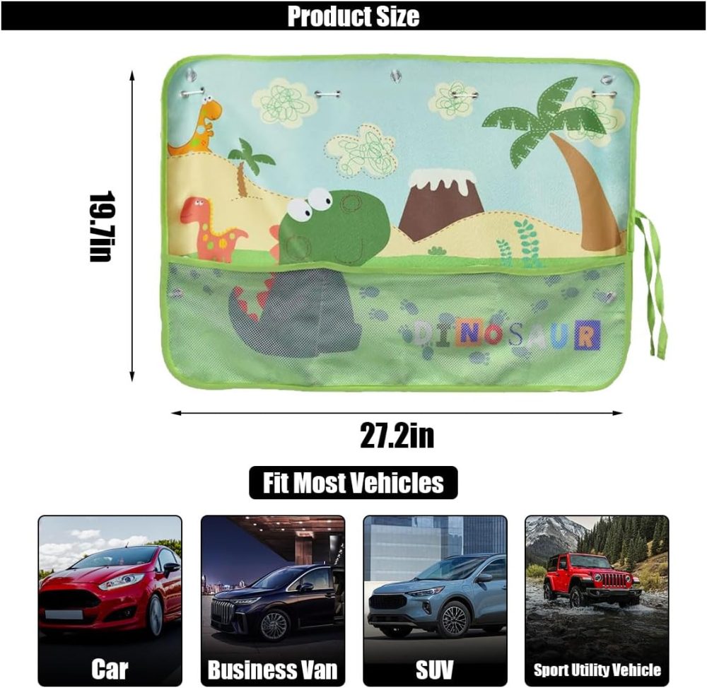 Car Window Shade for Baby, Blackout Car Window Curtain with Storage Pockets & 7 Suction Cups, Cartoon Pattern Cars Side Window Sun Shade Cover for Sun/Heat/UV Rays Protection (Green-Dinosaurs) - Image 2