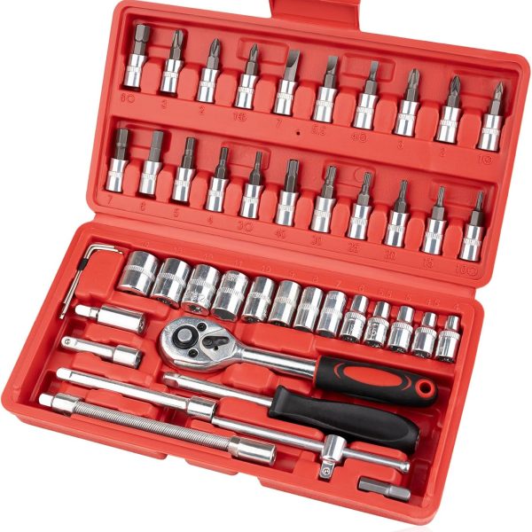 46PCS Small Drive Socket Ratchet Wrench Screwdriver Set, 1/4 Inch Metric Socket and Ratchet Wrench Set with Extension Bar, Upgrade Compact Tool Set for Car
