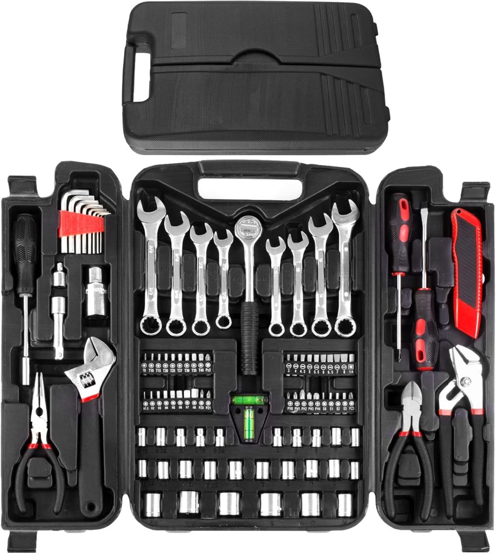 95 Piece Tool Set, Tool Kit, Mechanics Tool Set, Portable Toolbox with Adjustable Wrench Pliers Socket Bits, with Plastic Toolbox, for House Apartment Garage (Red)