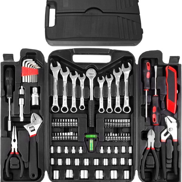 95 Piece Tool Set, Tool Kit, Mechanics Tool Set, Portable Toolbox with Adjustable Wrench Pliers Socket Bits, with Plastic Toolbox, for House Apartment Garage (Red)