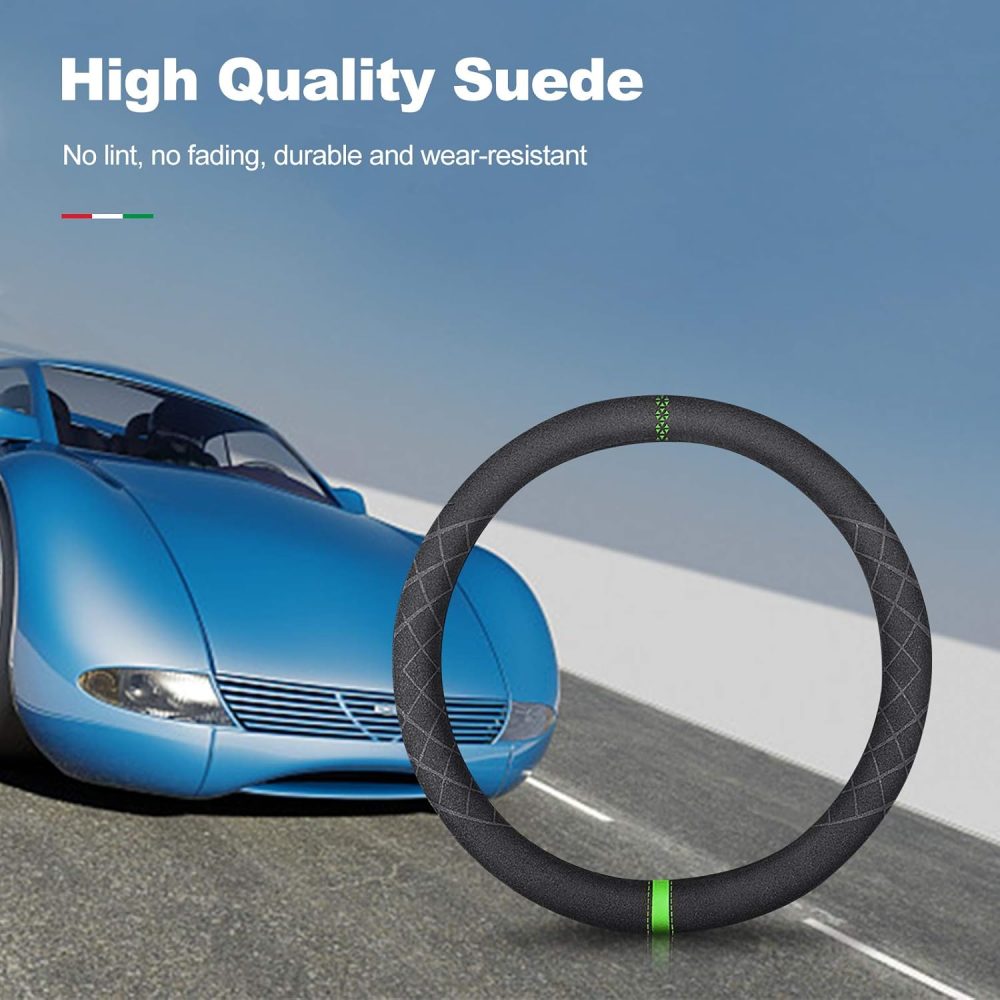 Sport Microfiber Suede Velvet Car Steering Wheel Cover Non-Slip Car Steering Wheel Protector Winter Warm Universal for Diameter 38cm(15") (Black Green) - Image 2