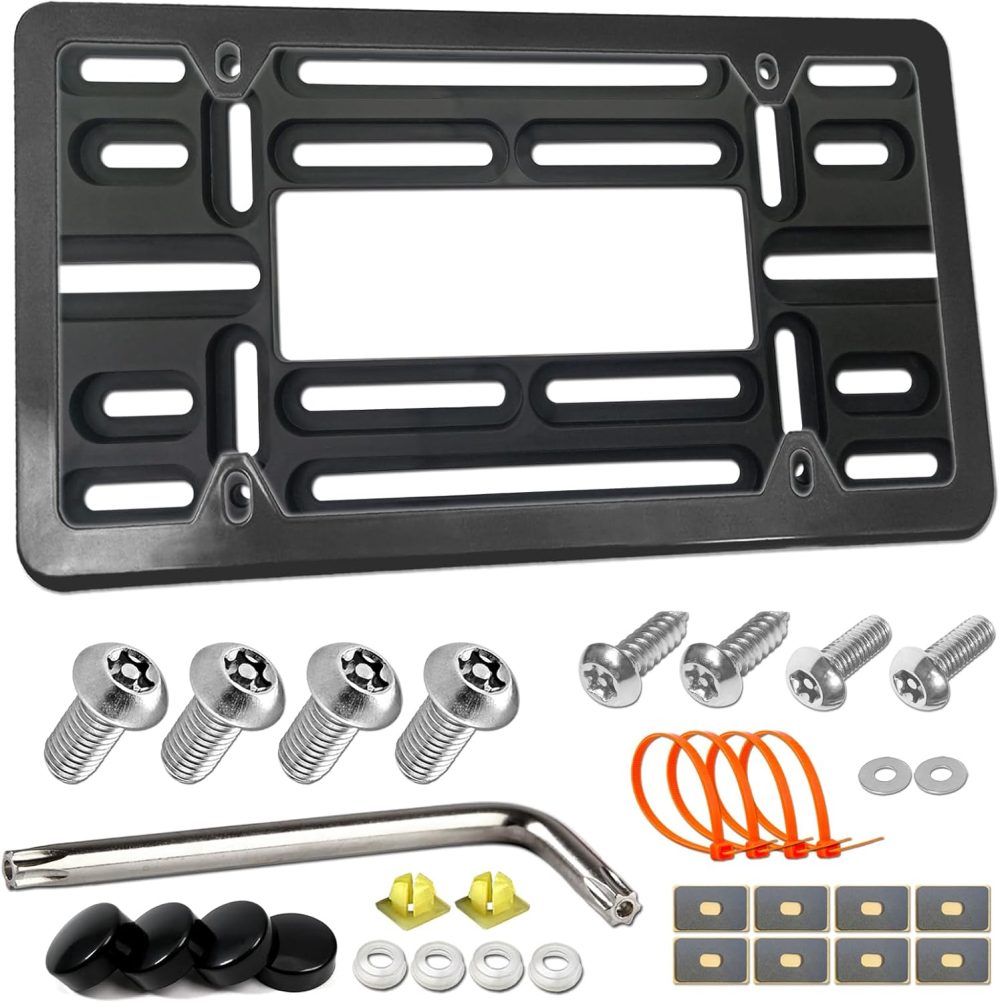 Front License Plate Mounting Kit- Universal License Plate Bracket & Black Aluminum Car Tag Frame for 2 Drill Hole Front Bumper, Adapter Holder with Anti-Theft Screws Bolts Caps Cover Fastener
