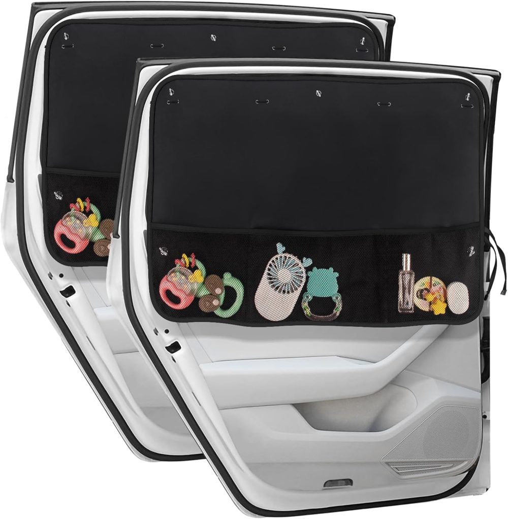 Car Sun Shade Side Window, 2 Pcs Blackout Car Window Shade for Baby Privacy with Storage Net Pockets Car Curtains 7 Suction Cups for Heat/UV Protection Sun Block Covers