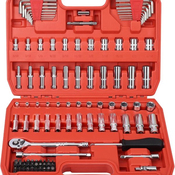 1/4”Drive Socket Ratchet Wrench Set,101 PCS Metric(4-14mm),SAE(5/32-9/16”),with 72-Teeth Ratchet Wrench,Bit Socket Set,Extension Bar,Allen wrench for Auto Repair and Household