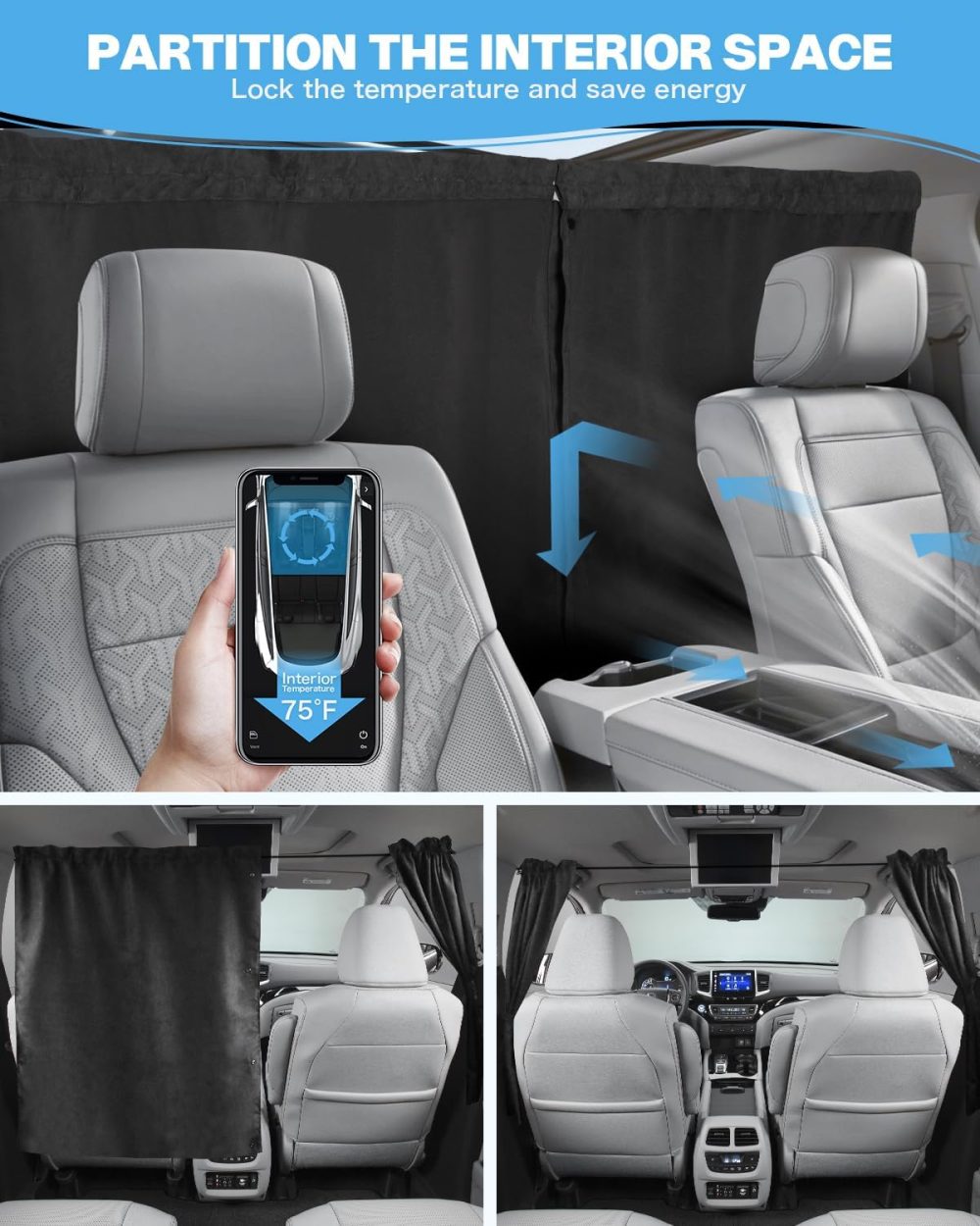 Upgraded Set of 4 Car Privacy Curtains, Suede Car Window Shades for Baby Sleeping Travel Camping Nap 99% Opaque Version,2 Rear Divider Curtain & 2 Side Car Windows Covers SUV Truck - Image 2