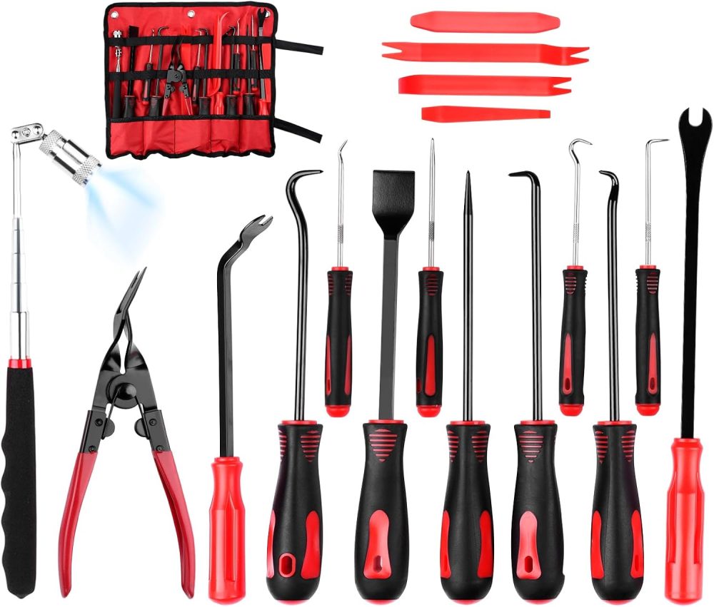 17-Pcs Mechanic Hook Pick Tool Set and Auto Trim Removal Tool Kit with Clip Plier Remover Tool for Automotive Repair, Magnetic Pickup Tool, Telescoping for Hand Pick Up Tools Accessories