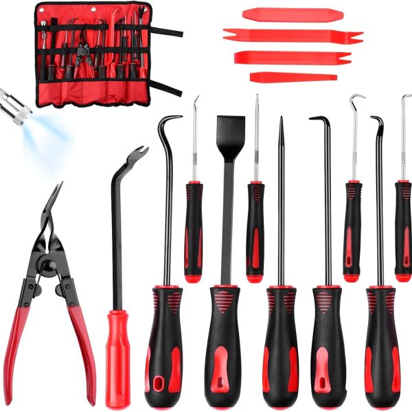 17-Pcs Mechanic Hook Pick Tool Set and Auto Trim Removal Tool Kit with Clip Plier Remover Tool for Automotive Repair, Magnetic Pickup Tool, Telescoping for Hand Pick Up Tools Accessories