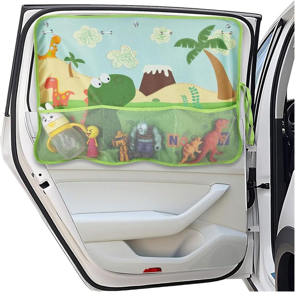 Car Window Shade for Baby, Blackout Car Window Curtain with Storage Pockets & 7 Suction Cups, Cartoon Pattern Cars Side Window Sun Shade Cover for Sun/Heat/UV Rays Protection (Green-Dinosaurs)