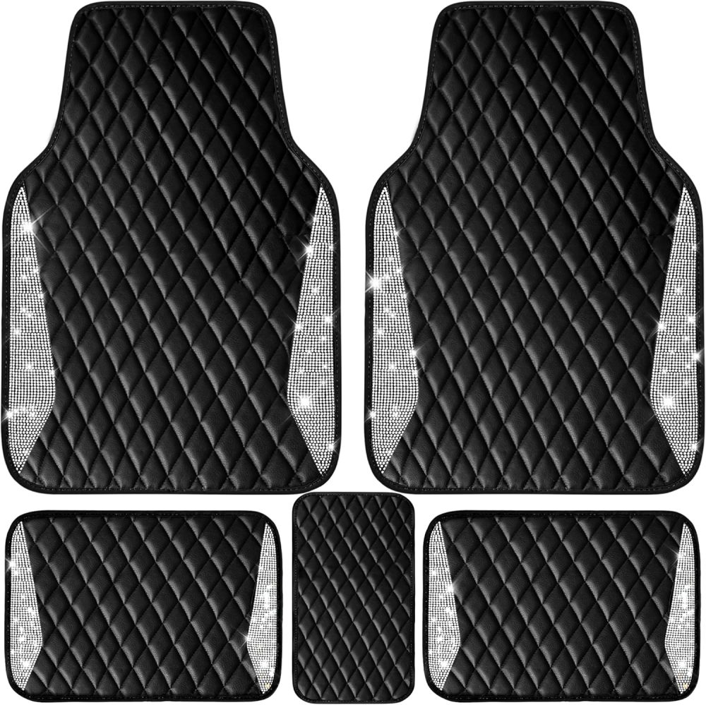 Leather Car Mats Shining Diamond Floor Mats Crystal Rhinestone Sparkly Glitter Carpet Anti-Slip Waterproof Pad Universal Fit Automotive SUV, Sedan, Van, 5pcs Girl Women, Black Silver