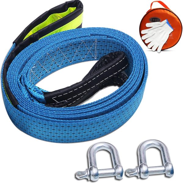 Car Tow Strap Rope with Hooks Reflective Stripe 2" x 16.4' Heavy Duty Recovery Rope 20,000lbs Break Strength with Storage Bag Gloves for Vehicle Emergency Recovery