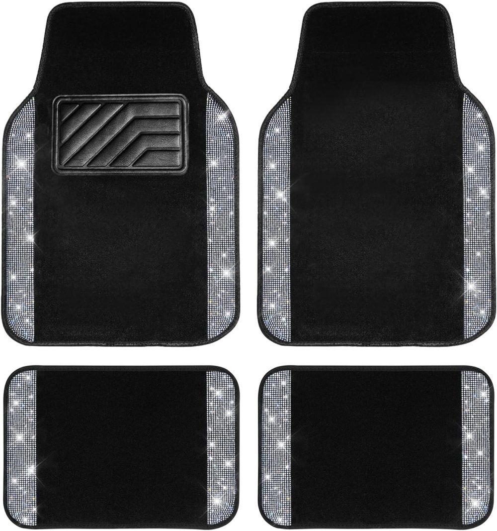 Floor Mats, Shining Rhinestone Carpet Sparkly Glitter Crystal with Anti-Slip PVC Heel Pad Waterproof Universal Fit Automotive SUV,Sedan,Van,Cute Girl Women,4pcs Black Sliver