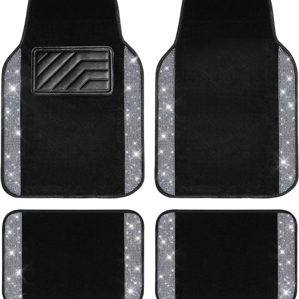 Floor Mats, Shining Rhinestone Carpet Sparkly Glitter Crystal with Anti-Slip PVC Heel Pad Waterproof Universal Fit Automotive SUV,Sedan,Van,Cute Girl Women,4pcs Black Sliver