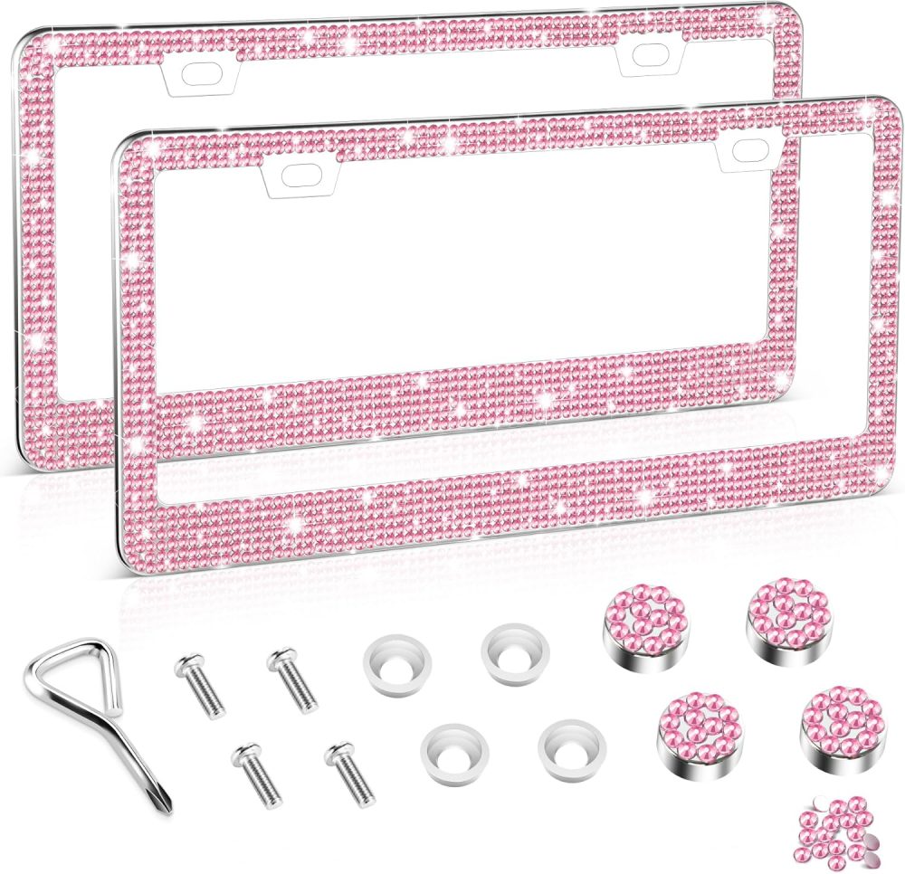 License Plate Frame for Women, 2Pack Rhinestone Handcrafted Crystal Premium Stainless Steel, Stainless Steel Car Accessories with Diamond Sparkle Glitter Caps (Pink)