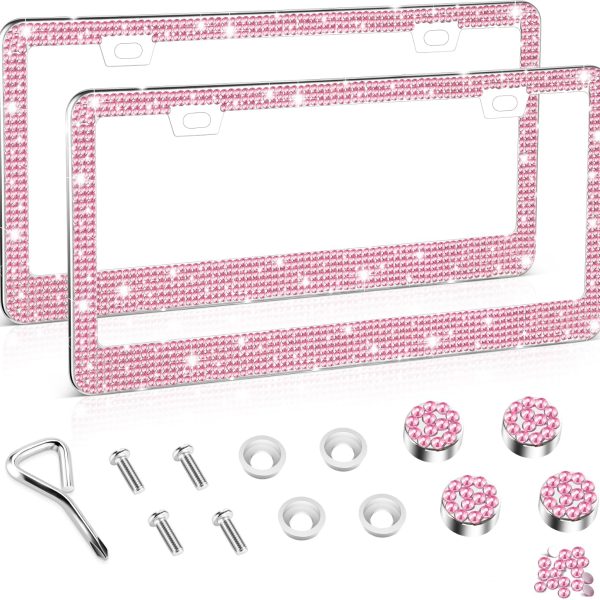 License Plate Frame for Women, 2Pack Rhinestone Handcrafted Crystal Premium Stainless Steel, Stainless Steel Car Accessories with Diamond Sparkle Glitter Caps (Pink)