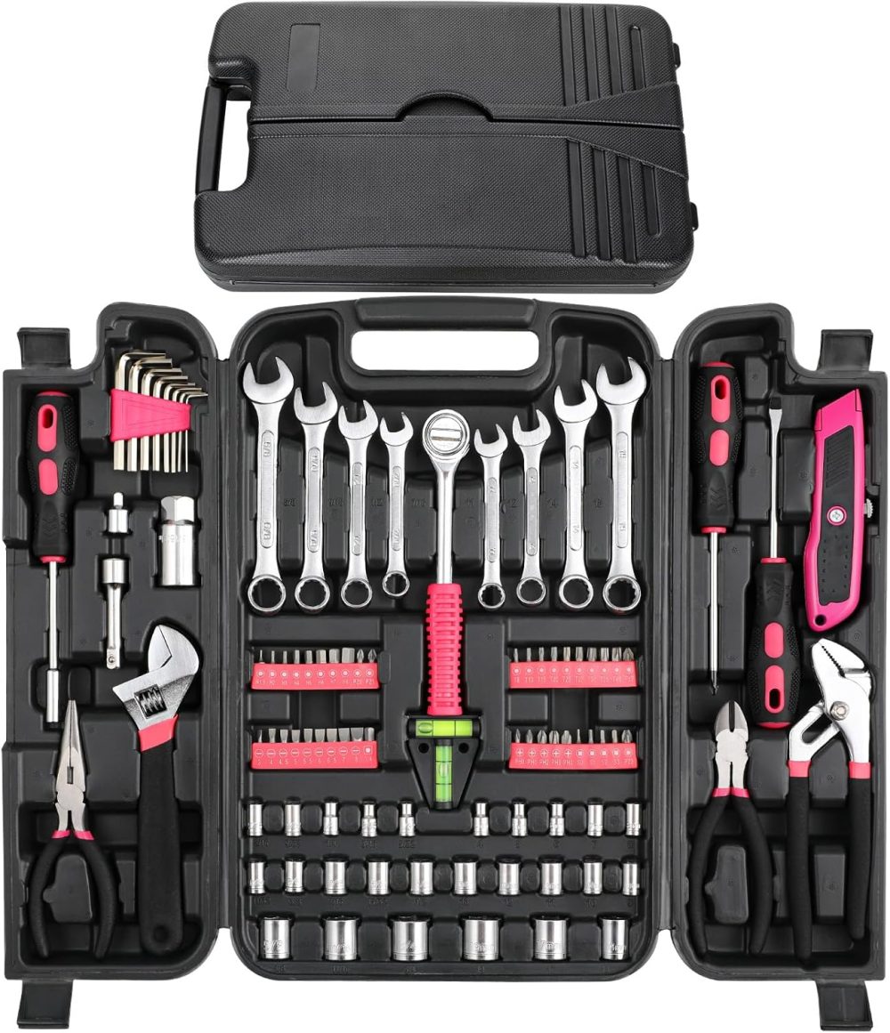 95 Piece Tool Set, Tool Kit, Mechanics Tool Set, Portable Toolbox with Adjustable Wrench Pliers Socket Bits, with Plastic Toolbox Storage Case, for House Apartment Garage (Pink)