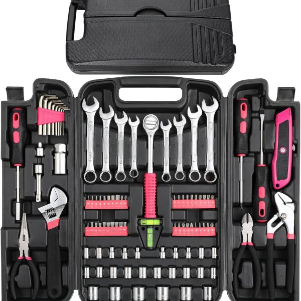 95 Piece Tool Set, Tool Kit, Mechanics Tool Set, Portable Toolbox with Adjustable Wrench Pliers Socket Bits, with Plastic Toolbox Storage Case, for House Apartment Garage (Pink)