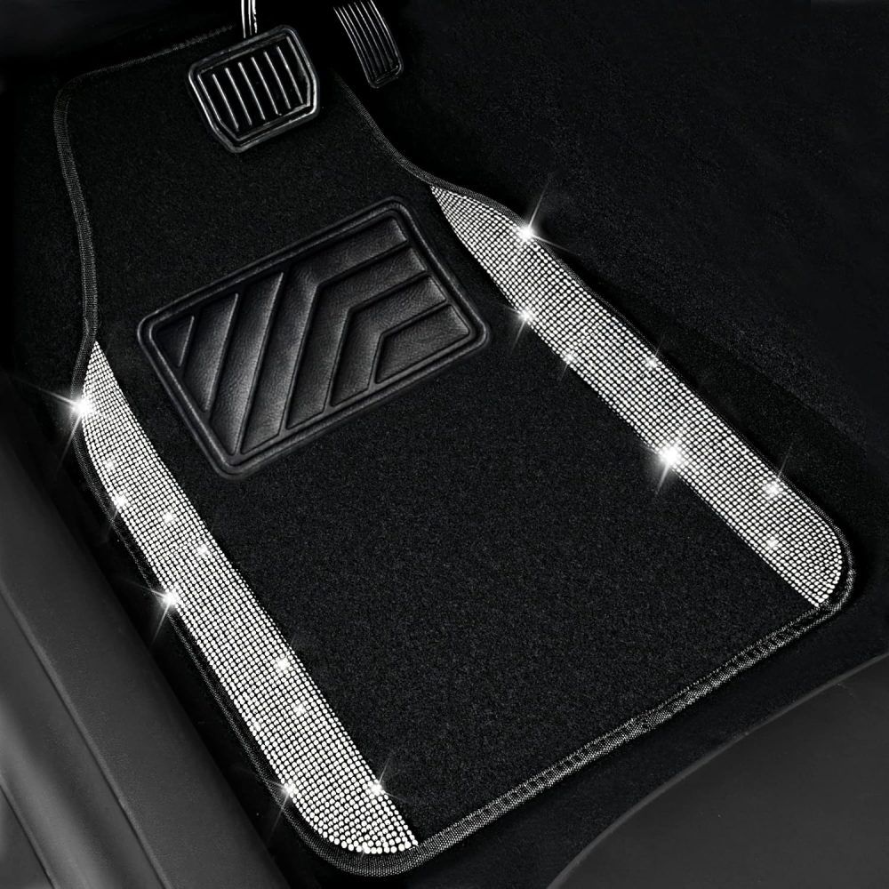 Floor Mats, Shining Rhinestone Carpet Sparkly Glitter Crystal with Anti-Slip PVC Heel Pad Waterproof Universal Fit Automotive SUV,Sedan,Van,Cute Girl Women,4pcs Black Sliver - Image 2