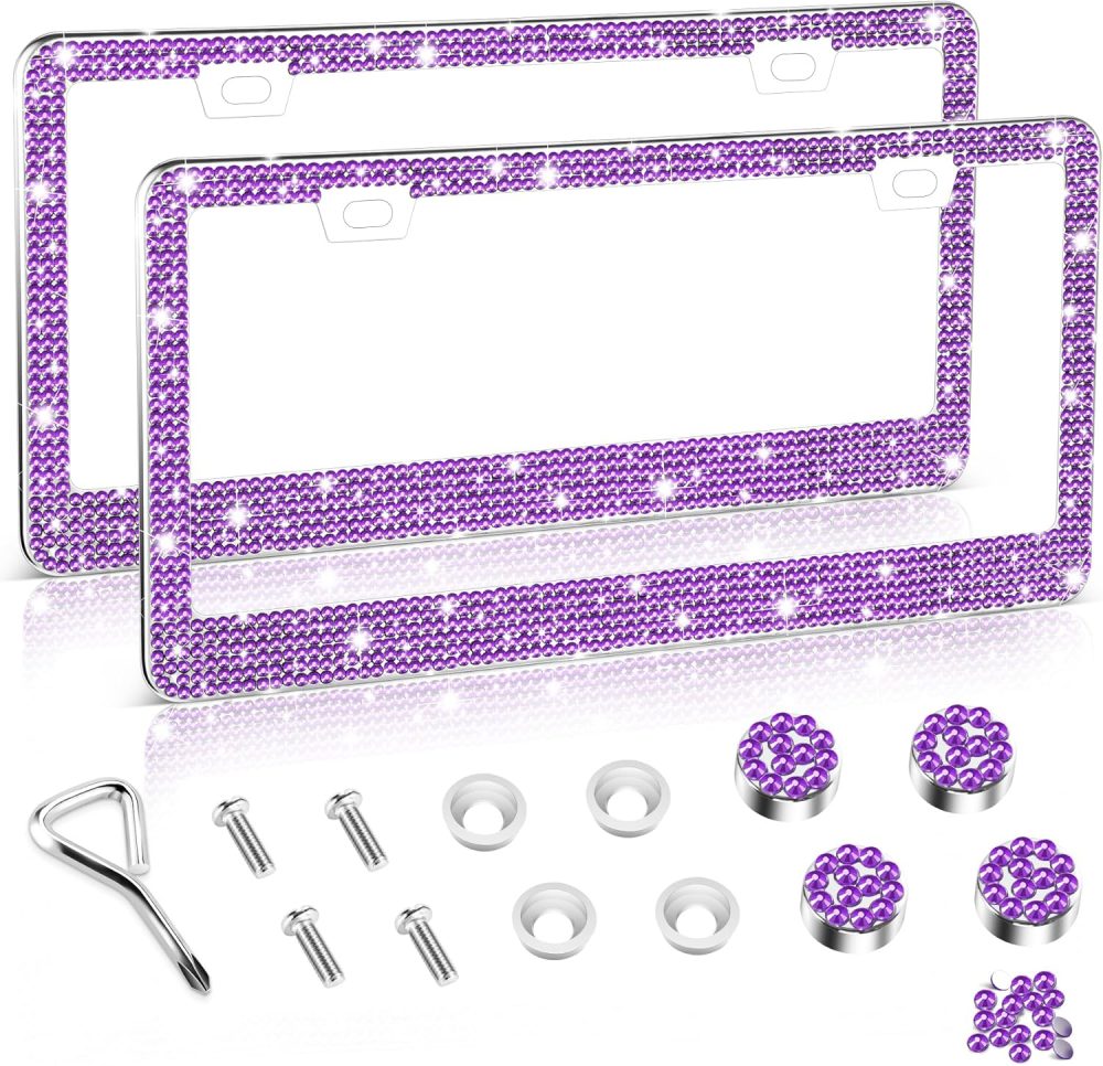 License Plate Frame for Women, 2Pack Rhinestone Handcrafted Crystal Premium Stainless Steel, Stainless Steel Car Decorative Accessories with Diamond Sparkle Glitter Caps (Purple)