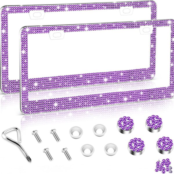 License Plate Frame for Women, 2Pack Rhinestone Handcrafted Crystal Premium Stainless Steel, Stainless Steel Car Decorative Accessories with Diamond Sparkle Glitter Caps (Purple)
